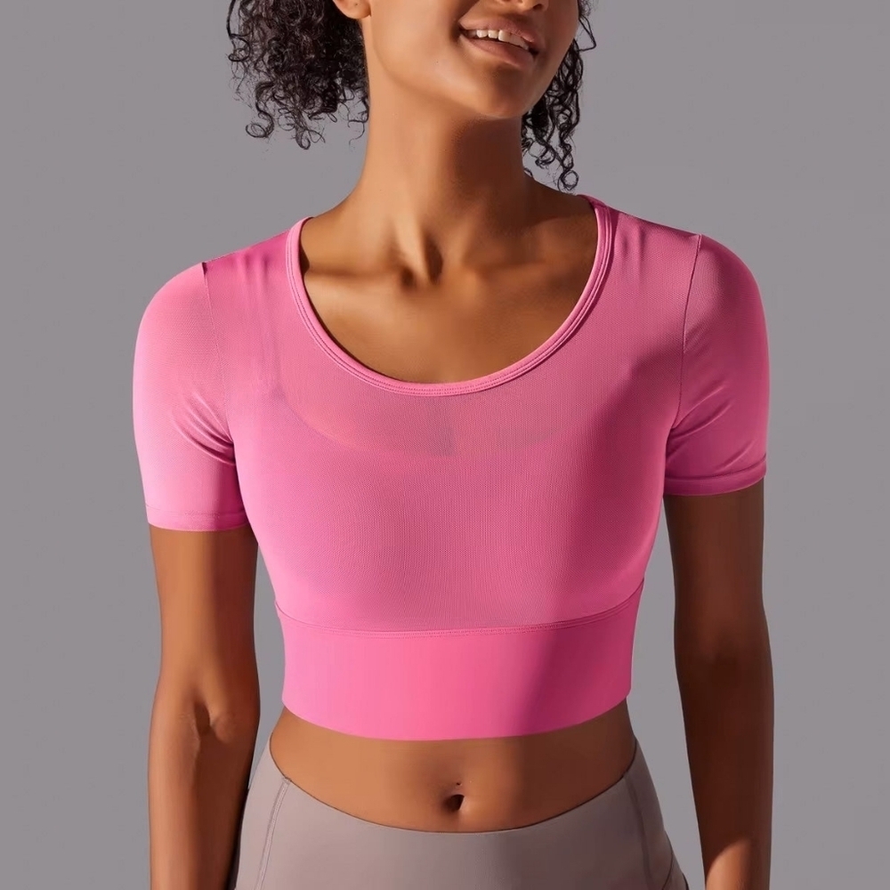 Pedigree Double Layered Mesh Crop Tee with Sports Bra Liner | Pink - Picture 8 of 10